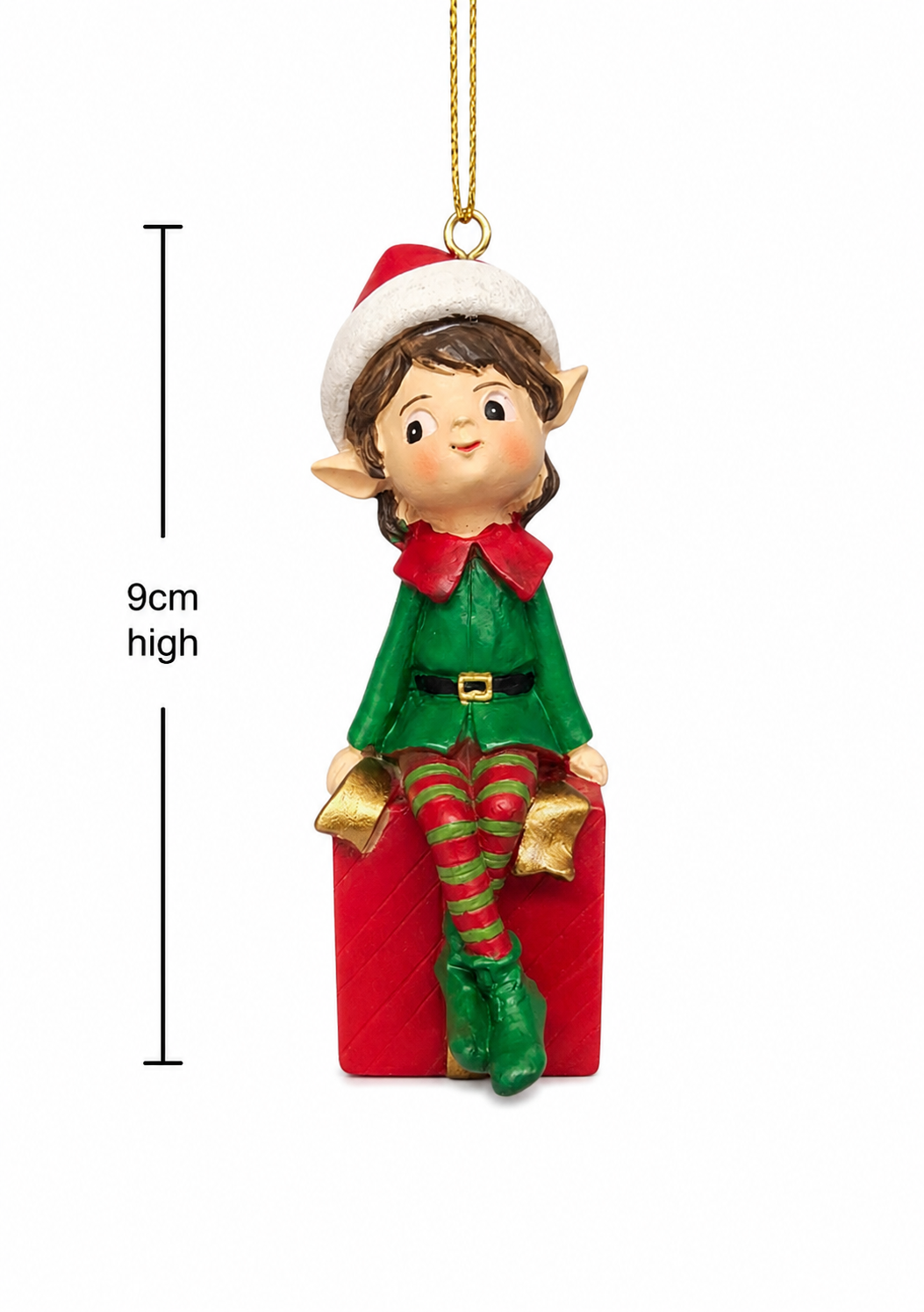 Elf boy on gift box ornament on white background showing full figure and gold hanging cord, with height measurement of 9cm