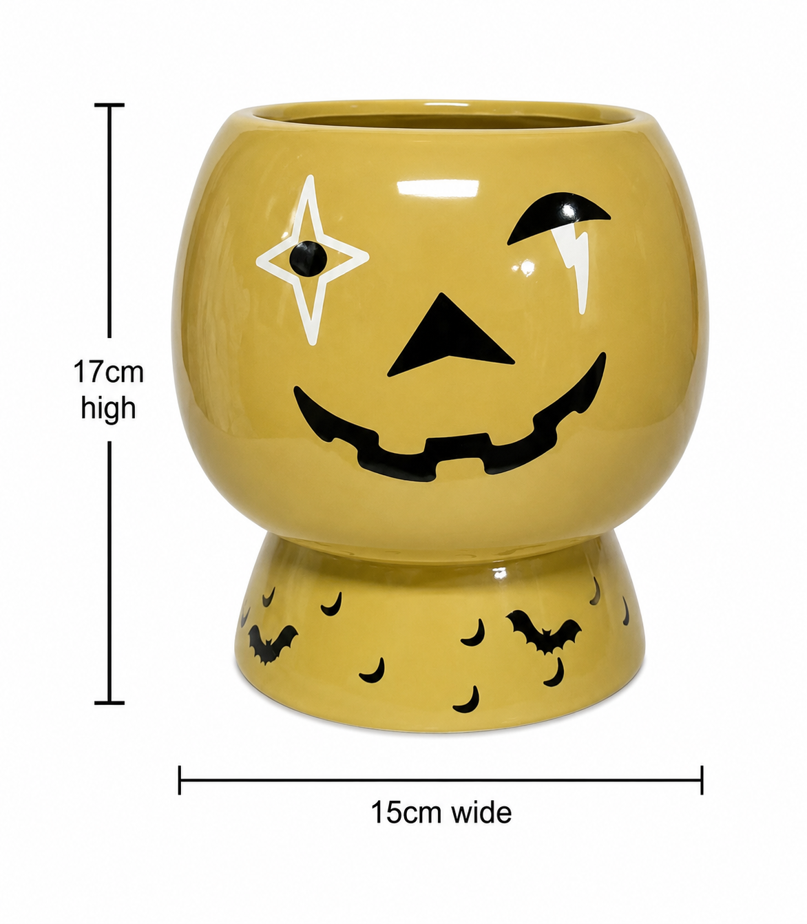Jack-o'-lantern ceramic plant pot on white background showing full design and pedestal base, with dimensions 17cm high by 15cm wide