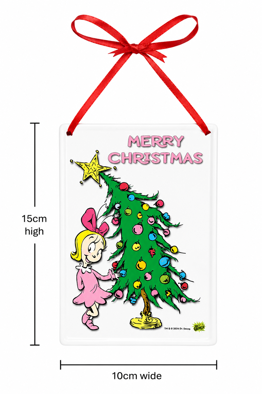 Cindy-Lou Who tin sign on white background showing full design and red ribbon, with dimensions 15cm high by 10cm wide