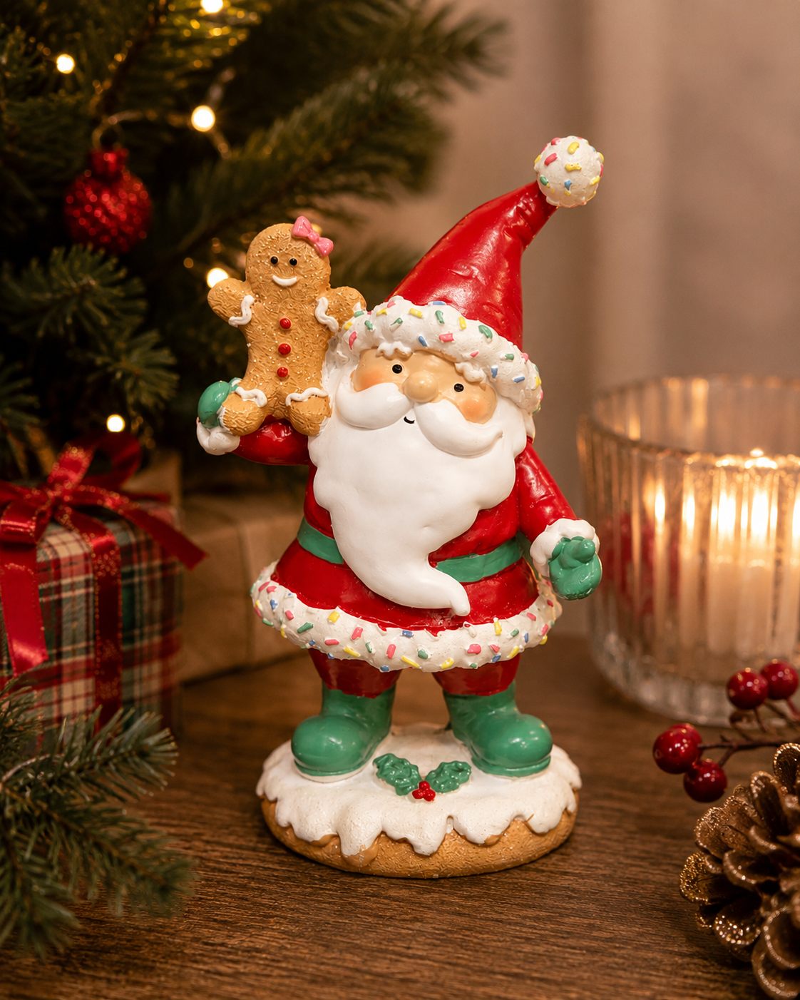 Sprinkle Santa figurine holding a gingerbread man, displayed on a wooden table near a Christmas tree, candle and wrapped gift