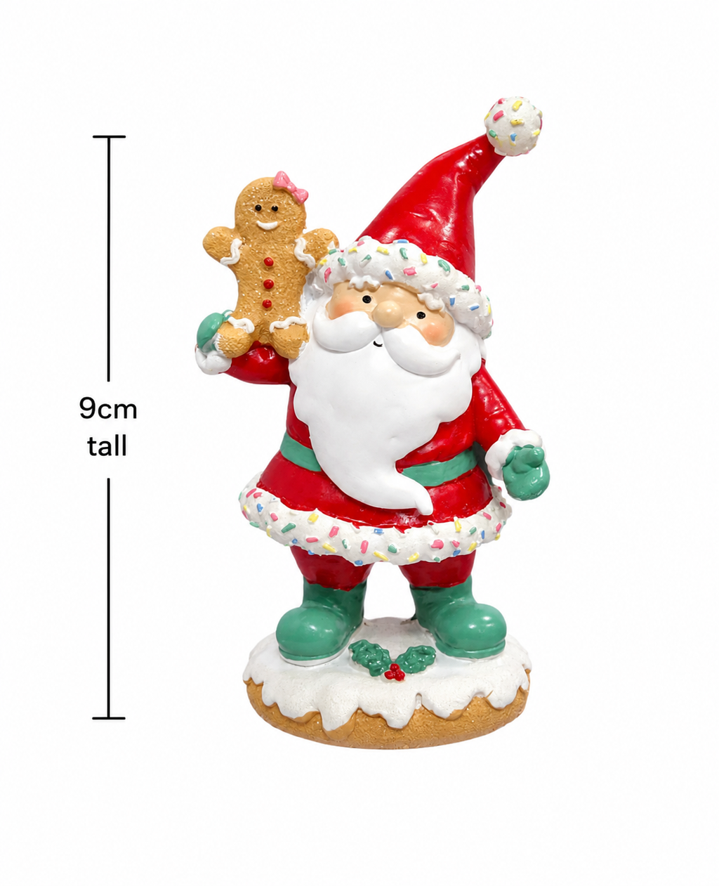 Sprinkle Santa figurine holding a gingerbread man on white background, with height measurement of 9cm