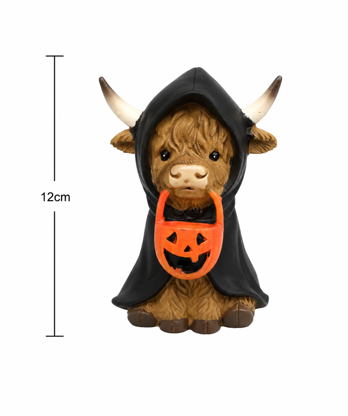 Highland cow figurine in a black reaper cloak on white background, with height measurement of 12cm