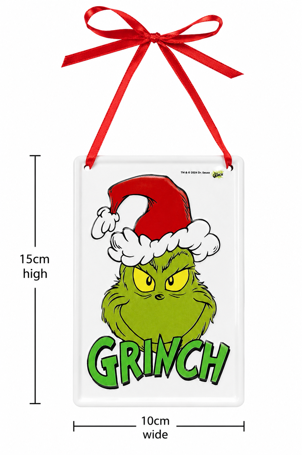 Grinch tin ornament on white background showing full design and red ribbon, with dimensions 15cm high by 10cm wid