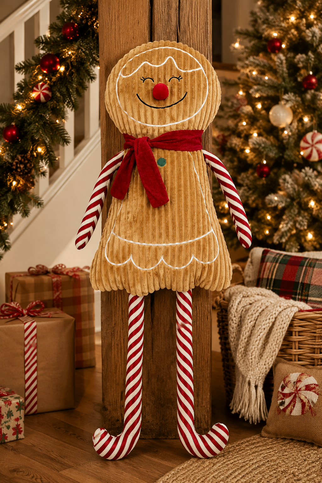 Gingerbread girl plush decoration leaning against a wooden staircase post, surrounded by wrapped gifts and a Christmas tree with lights