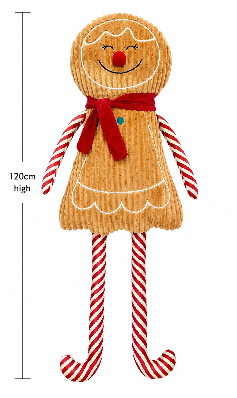 Gingerbread girl plush decoration on white background showing full corduroy body, red scarf and candy cane limbs, with height measurement of 120cm