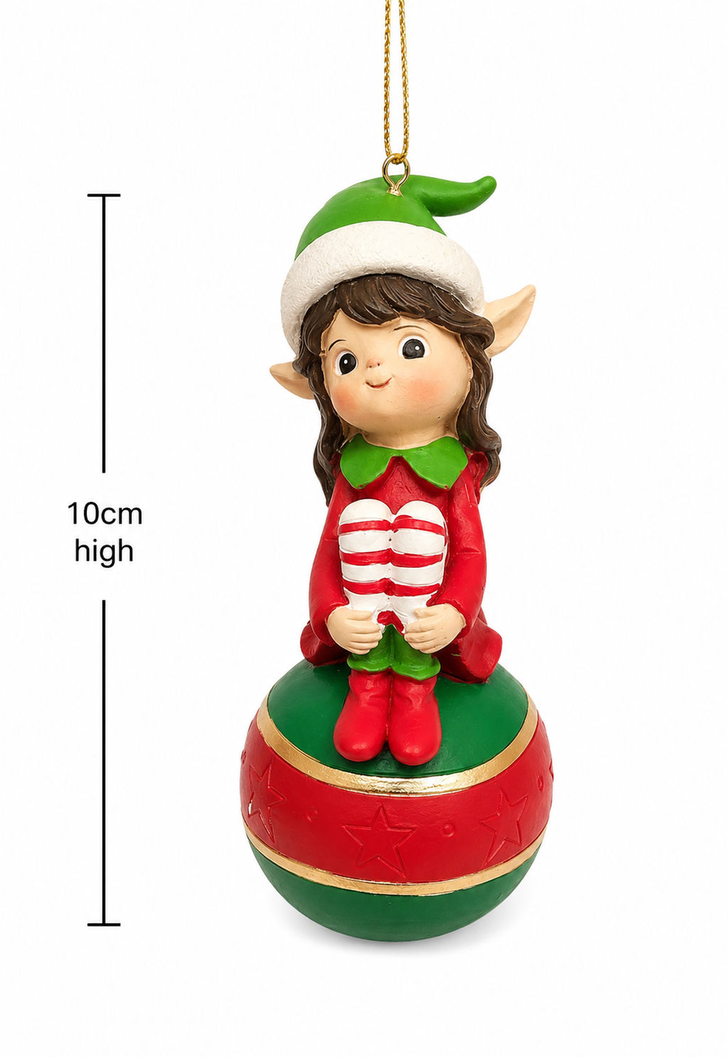 Elf girl on bauble ornament on white background showing full figure and gold hanging cord, with height measurement of 10cm