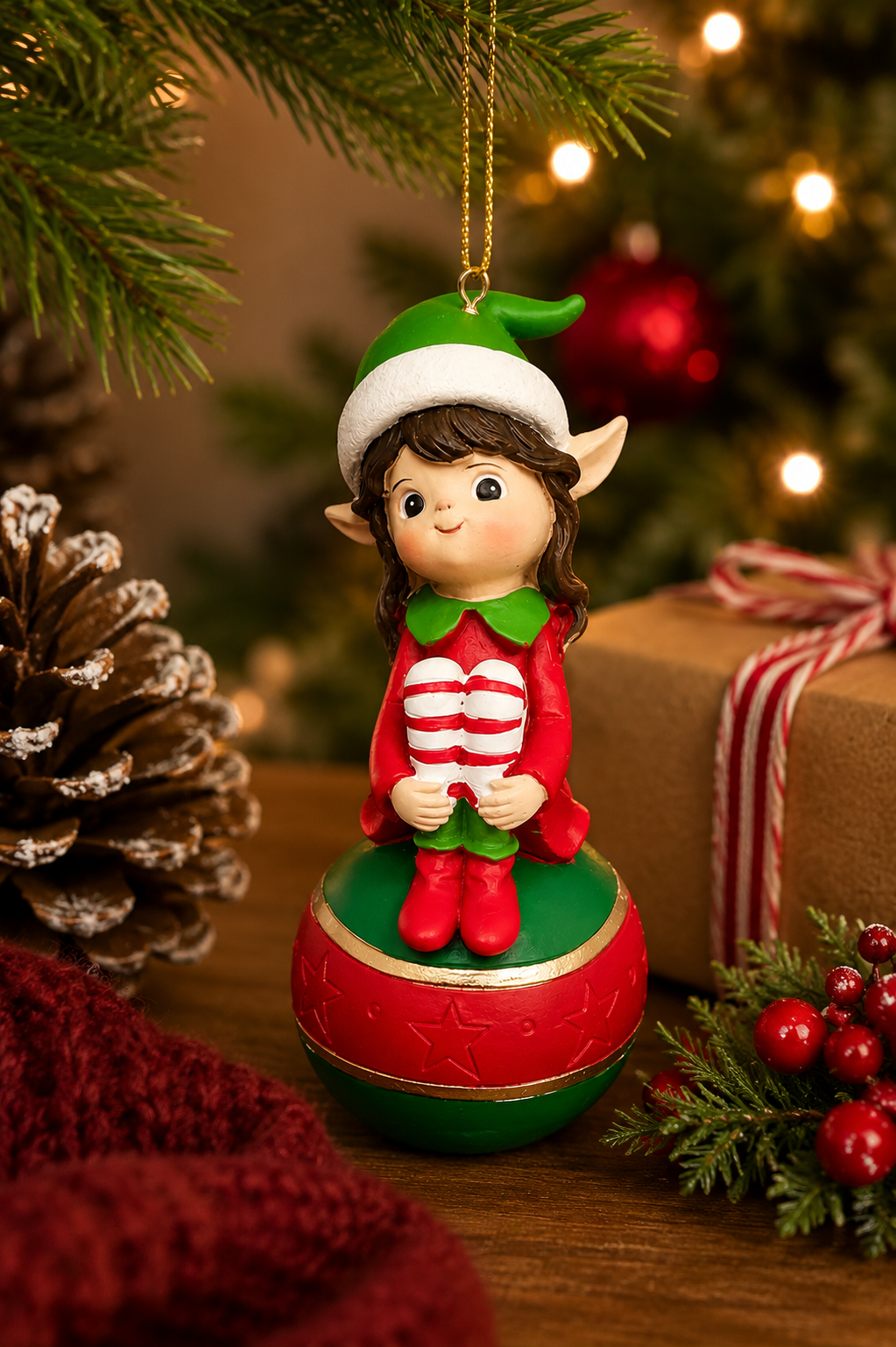 Elf girl on bauble ornament hanging from a Christmas tree branch, surrounded by pinecones, berries and a wrapped gift