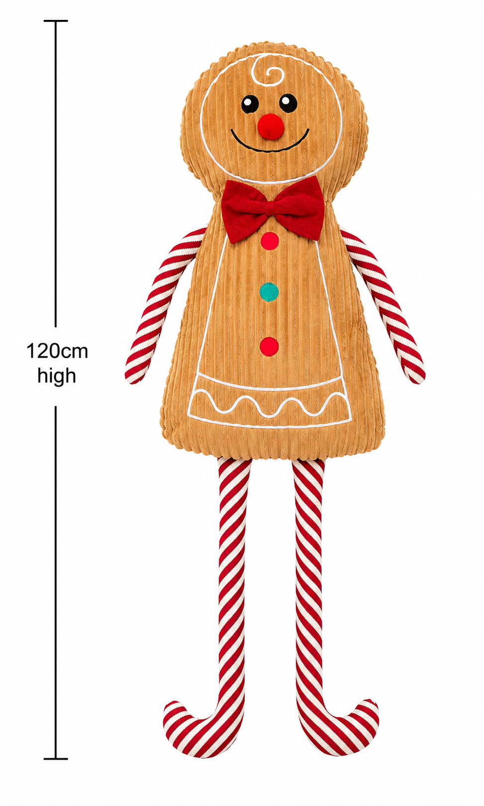 Gingerbread man plush decoration on white background showing full corduroy body, red bow tie and candy cane limbs, with height measurement of 120cm