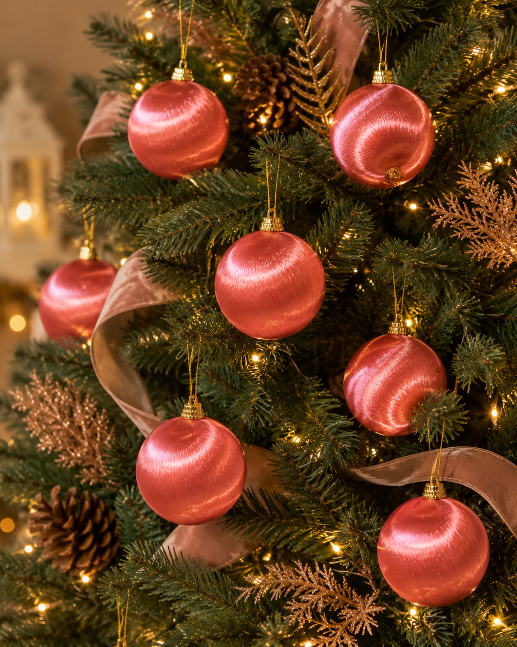 Pink silk baubles hanging on a Christmas tree with pinecones, ribbon, and warm fairy lights