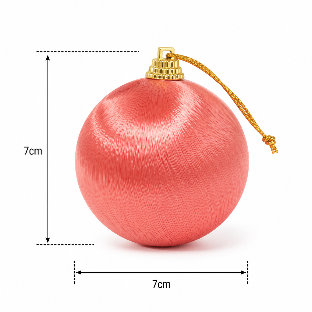 Single pink silk bauble on white background with measurements showing 7cm height and width, gold cap and hanging loop visible