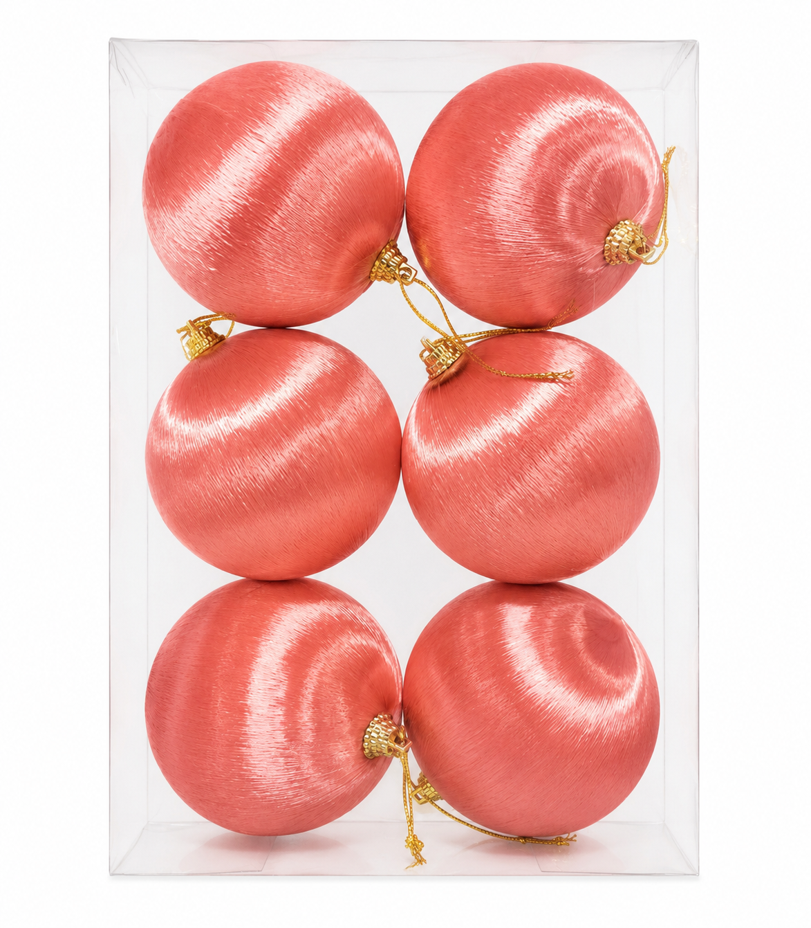 Set of six pink silk baubles in clear packaging box, arranged in two rows of three