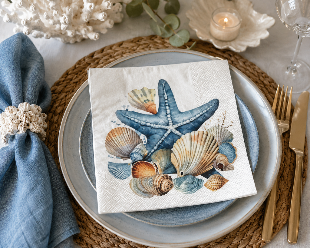 Seashell and starfish paper napkin styled on a blue stoneware place setting with rattan placemat, coral décor, and gold cutlery