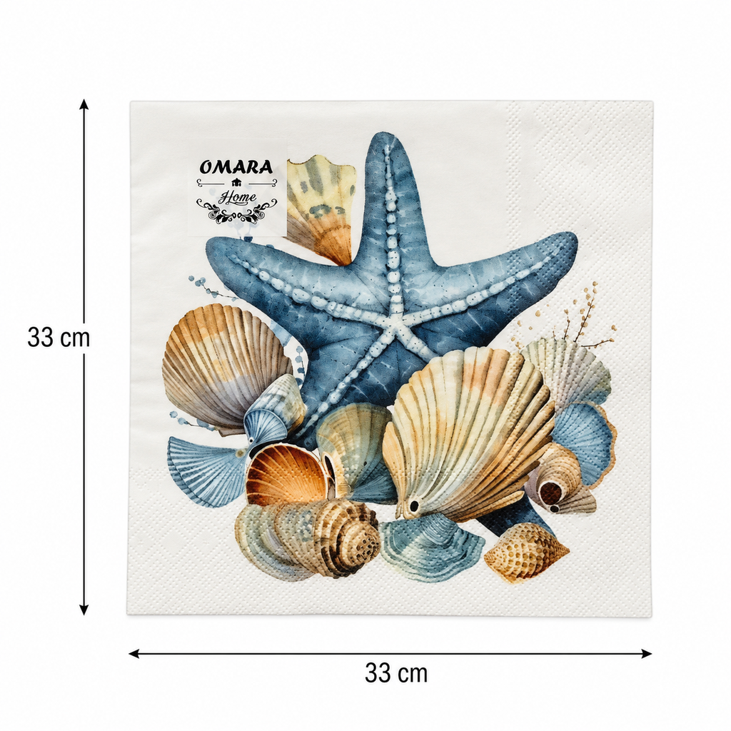 Seashell and starfish paper napkin on white background with measurements showing 33cm height and width