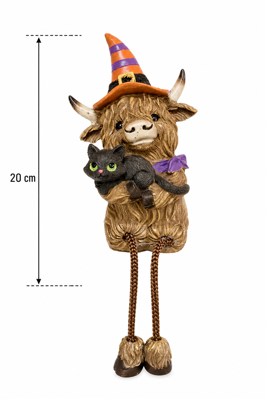 Highland cow witch figurine on white background with height measurement showing 20cm, front view of witch hat and black cat