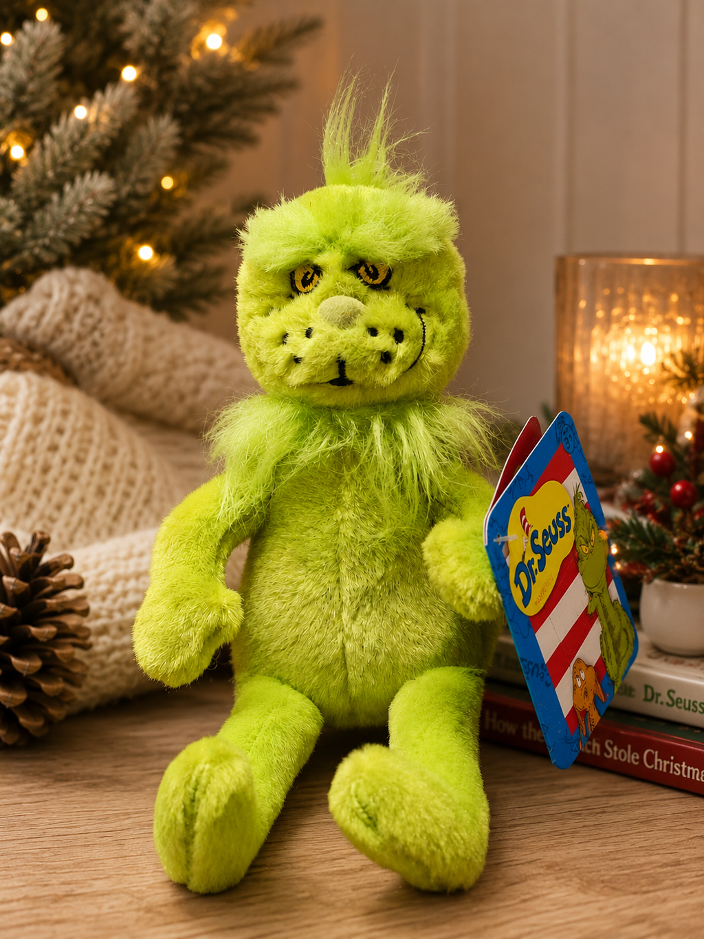 Grinch plush toy sitting on a wooden floor beside a Christmas tree and knitted blankets, with Dr. Seuss swing tag attached and candlelight in the background