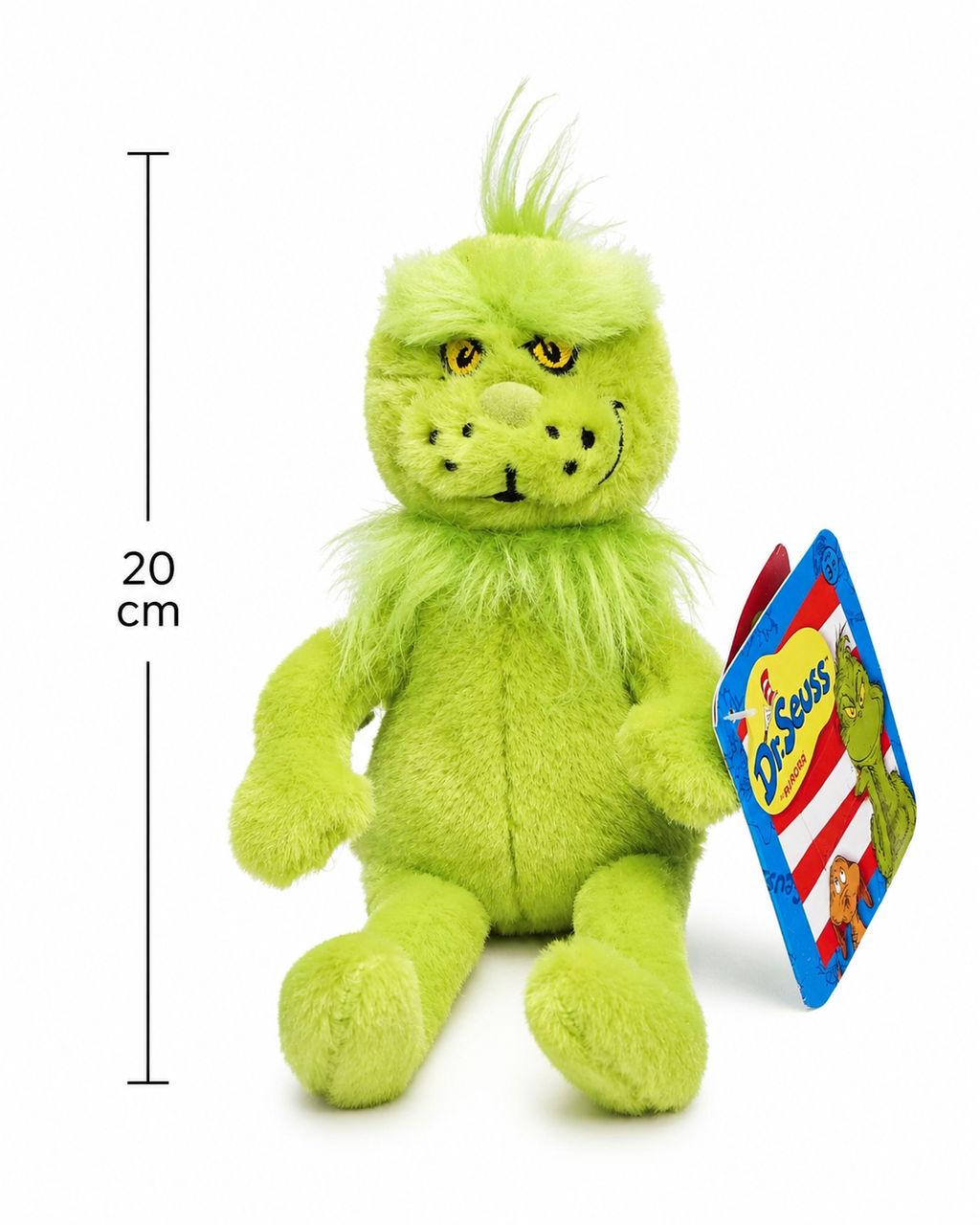 Grinch plush toy on white background with height measurement showing 20cm, front view with Dr. Seuss swing tag visible