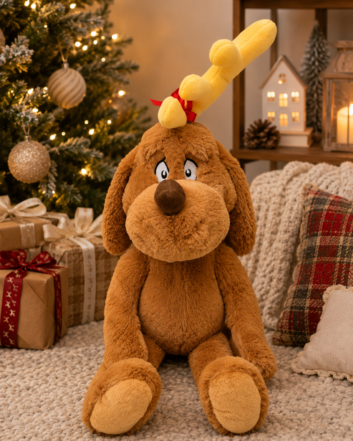 Max plush toy, the Grinch's dog, sitting under a Christmas tree with wrapped gifts and plaid cushions, wearing his yellow antler tied with a red ribbon