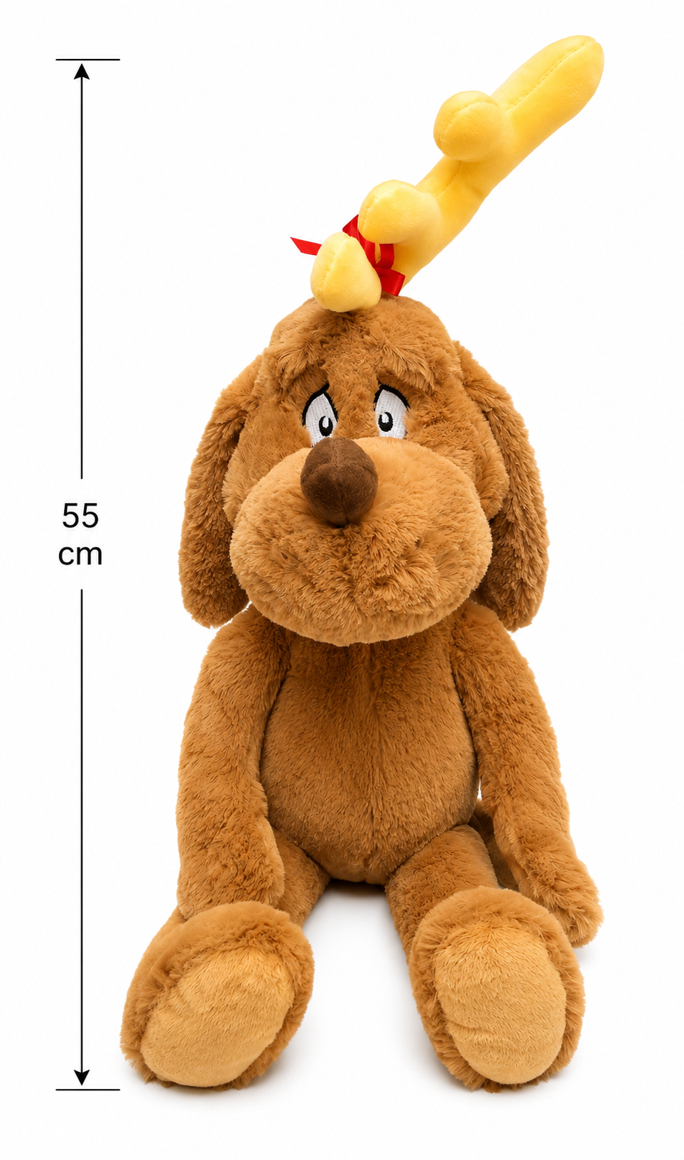 Max plush toy on white background with height measurement showing 55cm, front view with antler and ribbon visible