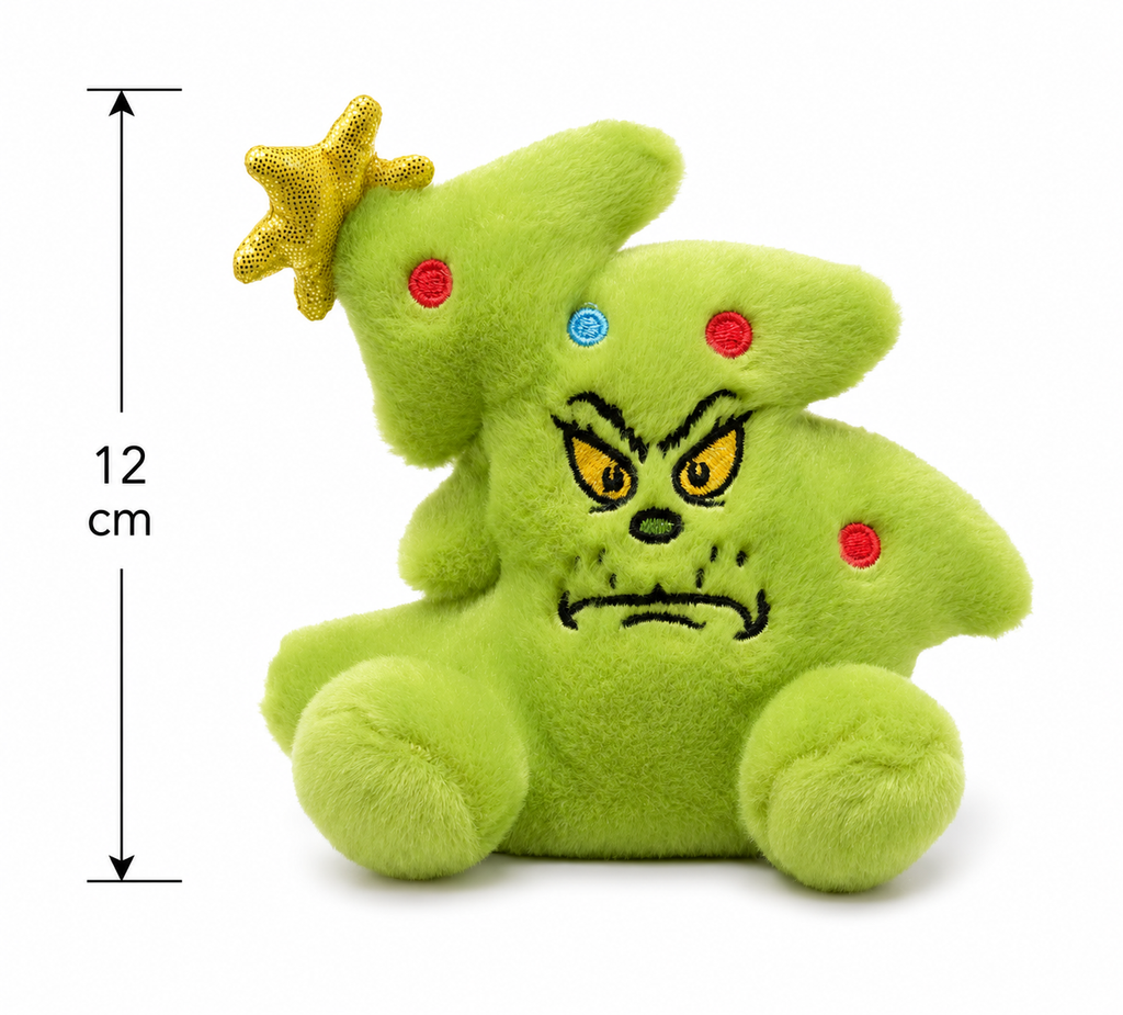 Grinch Christmas tree mini plush on white background with height measurement showing 12cm, front view of angry face and star topper