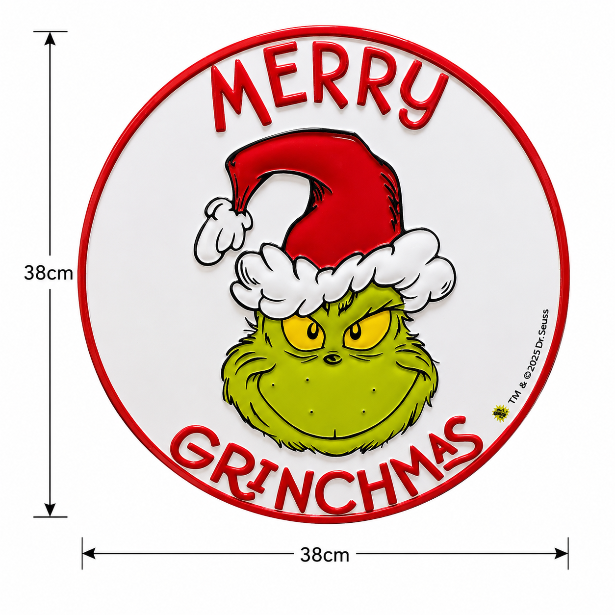 Merry Grinchmas round door sign on white background with measurements showing 38cm height and width, front view of raised design