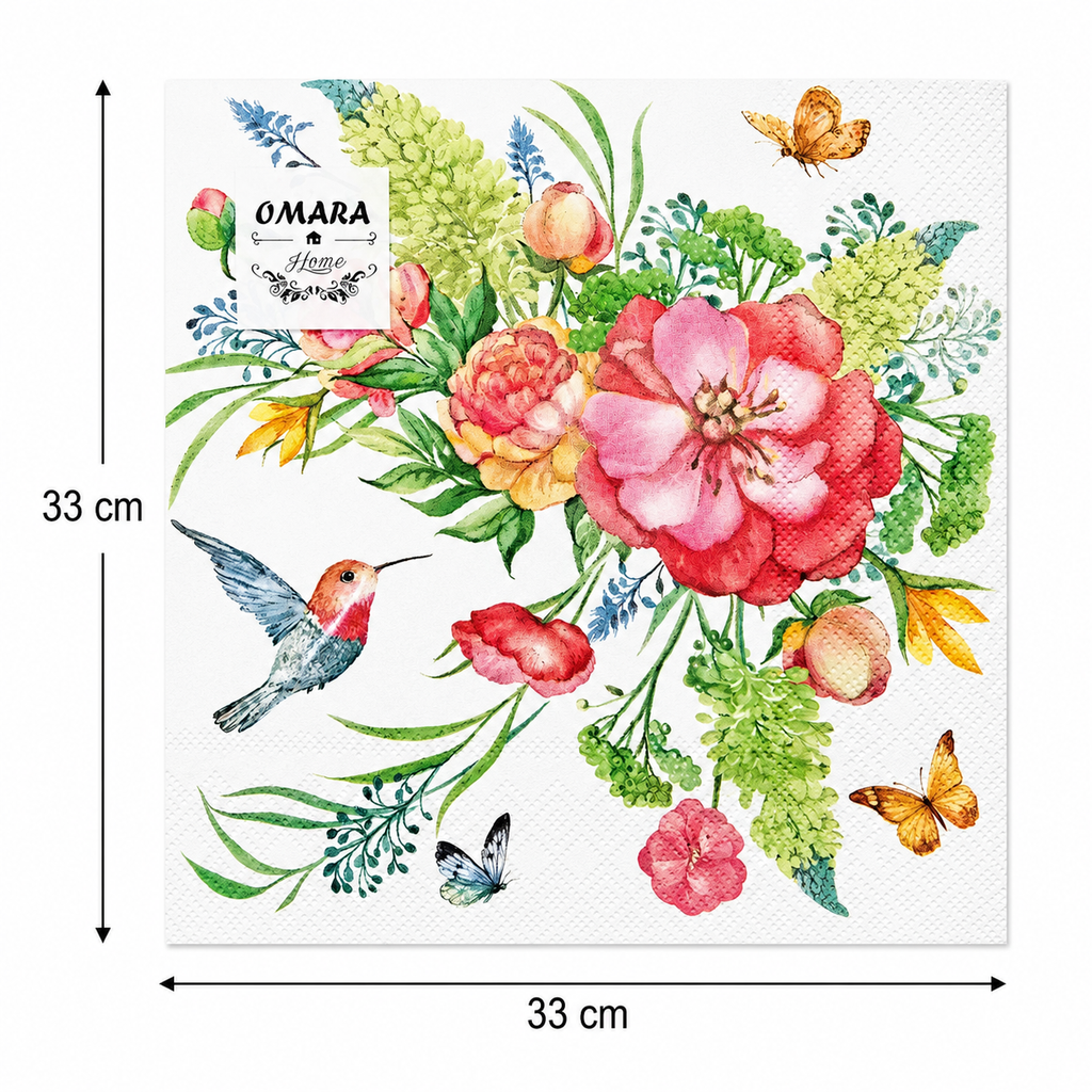 Flat lay of a folded hummingbird garden bouquet paper napkin showing full floral, hummingbird and butterfly design and dimensions, 33cm x 33cm