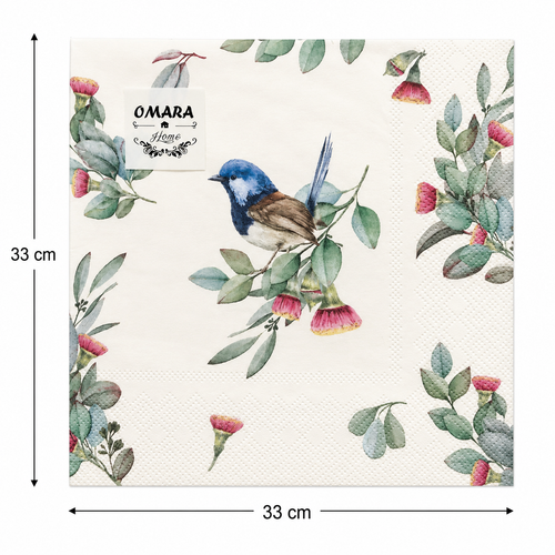Flat lay of a folded blue wren and gum blossom paper napkin showing full eucalyptus and floral design and dimensions, 33cm x 33cm