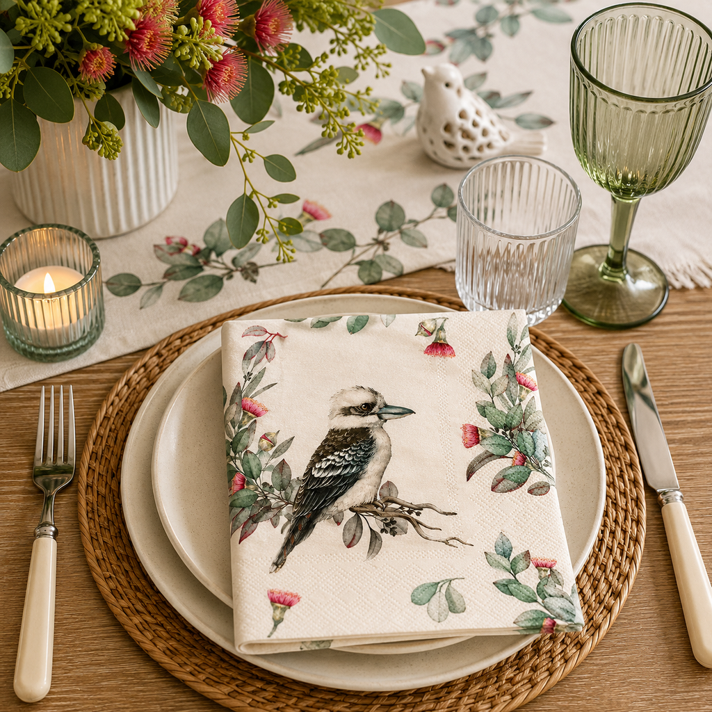 Kookaburra and gum blossom paper napkin folded on layered cream plates with a ceramic bird ornament, eucalyptus greenery and green glassware on a native-themed table setting