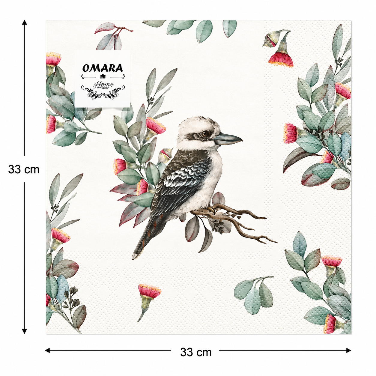 Flat lay of a folded kookaburra and gum blossom paper napkin showing full eucalyptus and floral border design and dimensions, 33cm x 33cm