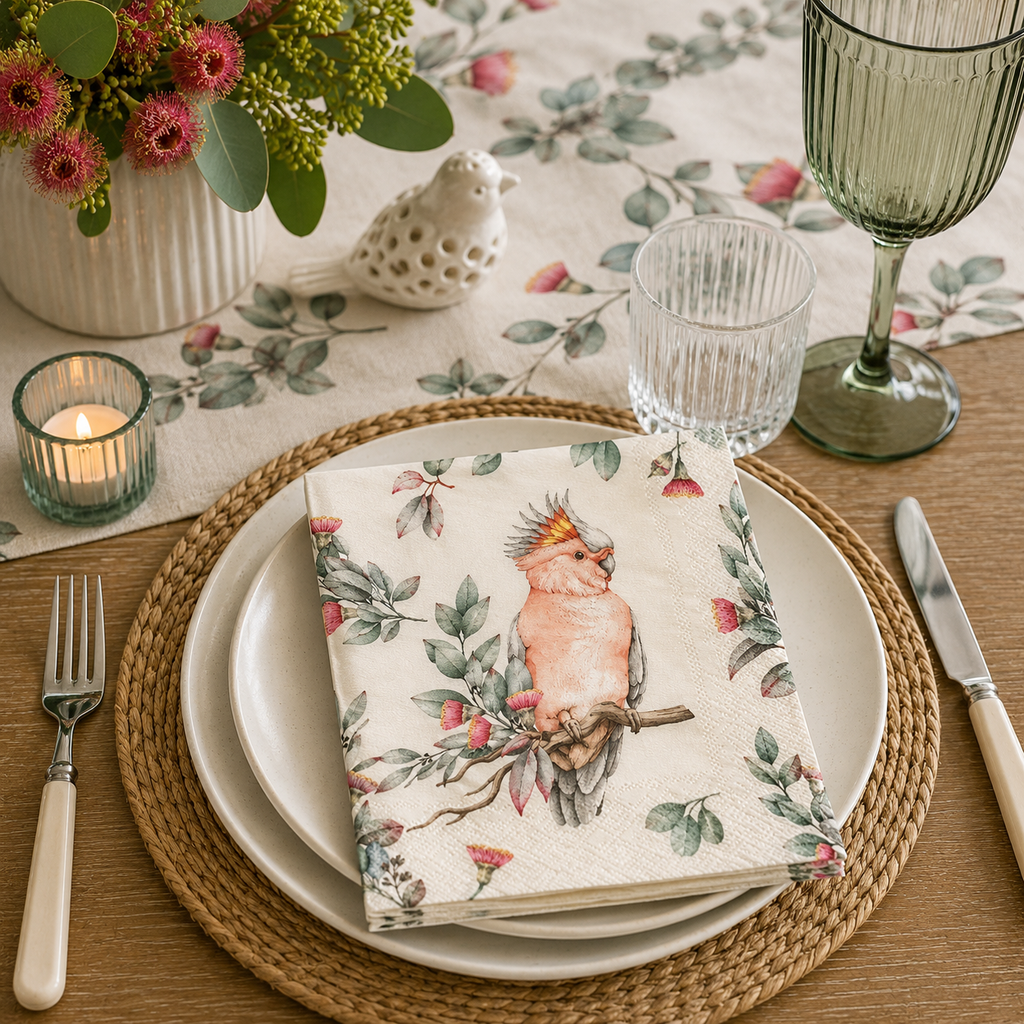Pink cockatoo and gum blossom paper napkin folded on layered cream plates with a ceramic bird ornament, eucalyptus greenery and green glassware on a native-themed table setting