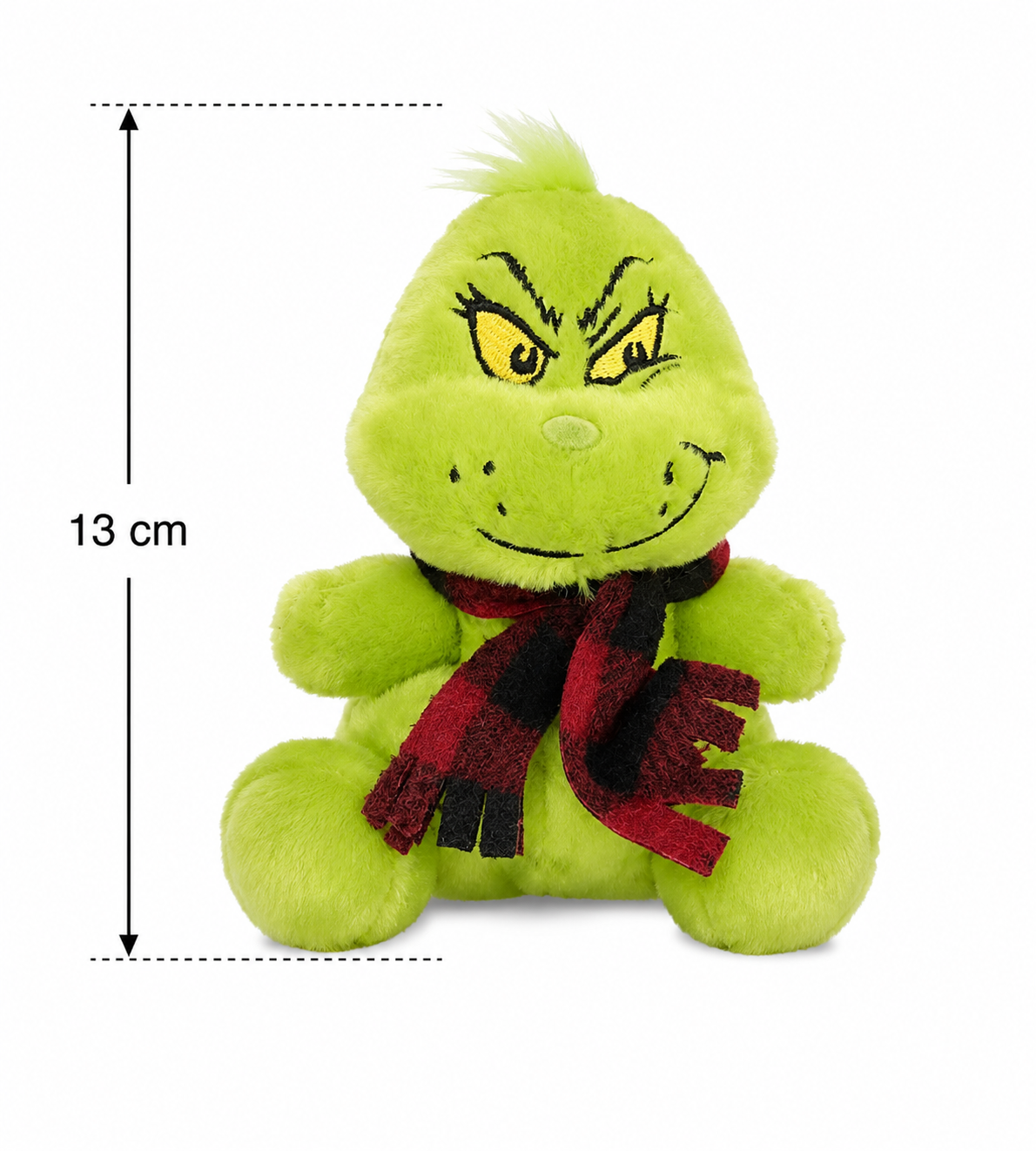 The Grinch plush toy front view showing embroidered facial detail, red plaid scarf and 13cm height measurement
