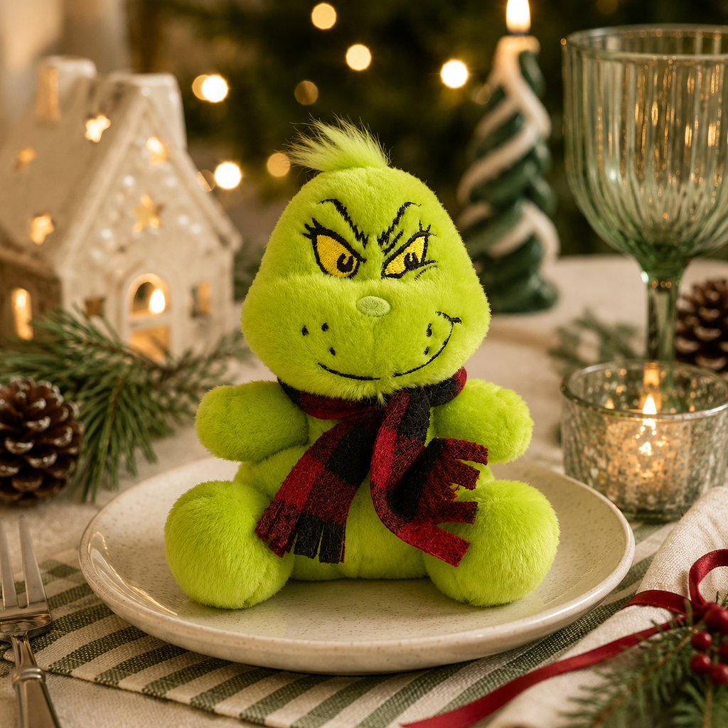 The Grinch plush toy with red plaid scarf sitting on a plate at a festive Christmas table setting with candles, pinecones and a lit ceramic house
