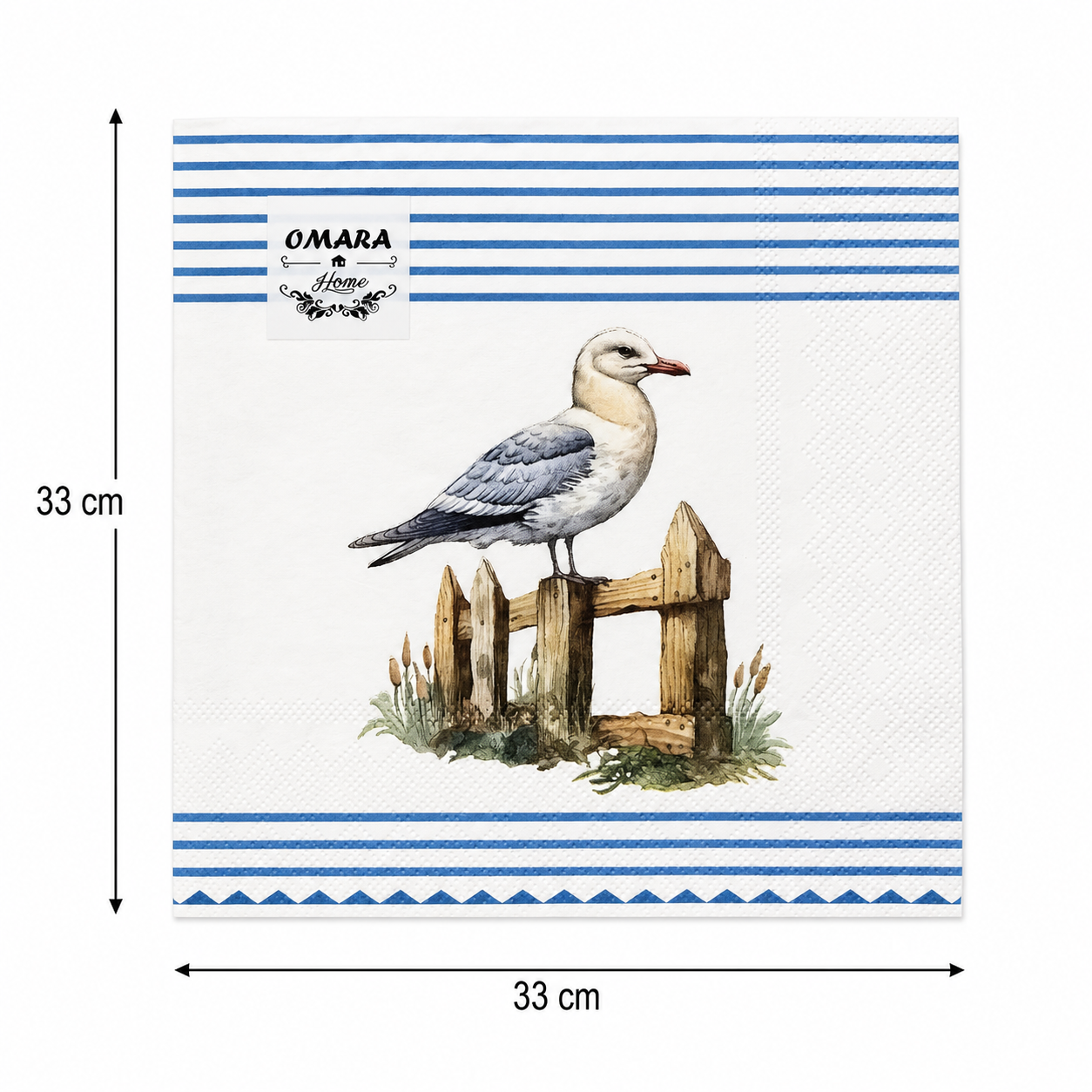 Flat lay of a folded seagull paper napkin showing full watercolour design and dimensions, 33cm x 33cm, with blue striped and triangle border detail

SEO