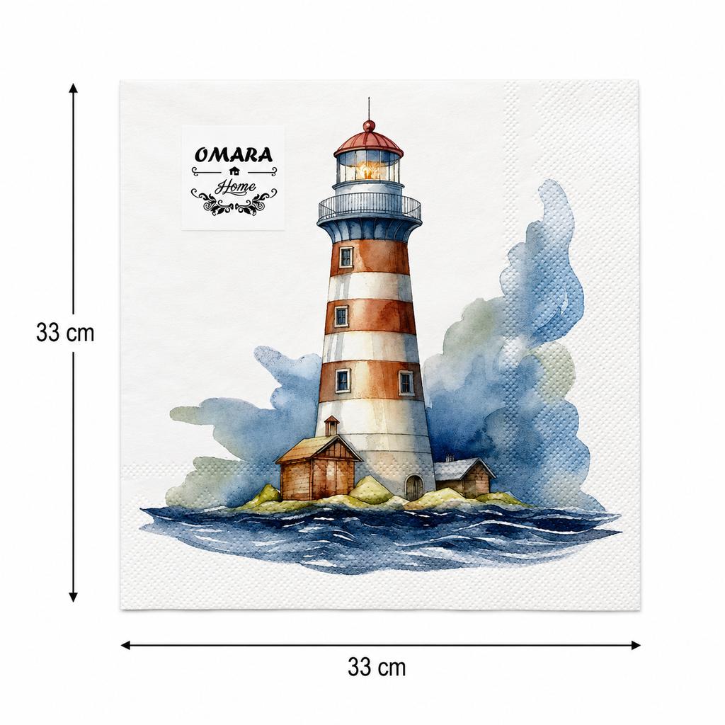 Flat lay of a folded lighthouse paper napkin showing full watercolour design and dimensions, 33cm x 33cm, with waves and stormy sky detail