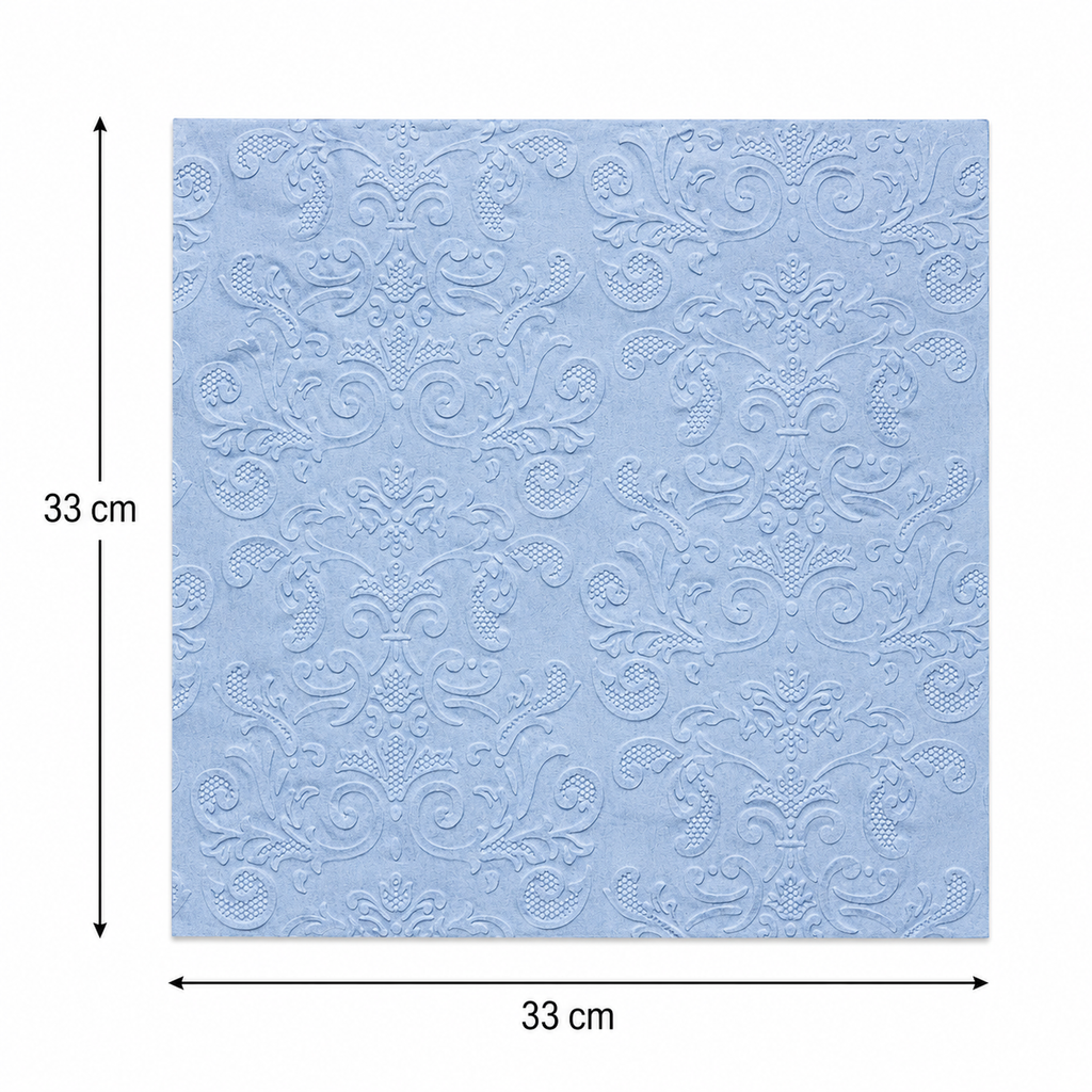 Flat lay of a folded embossed damask paper napkin showing full raised pattern and dimensions, 33cm x 33cm, in dusty blue