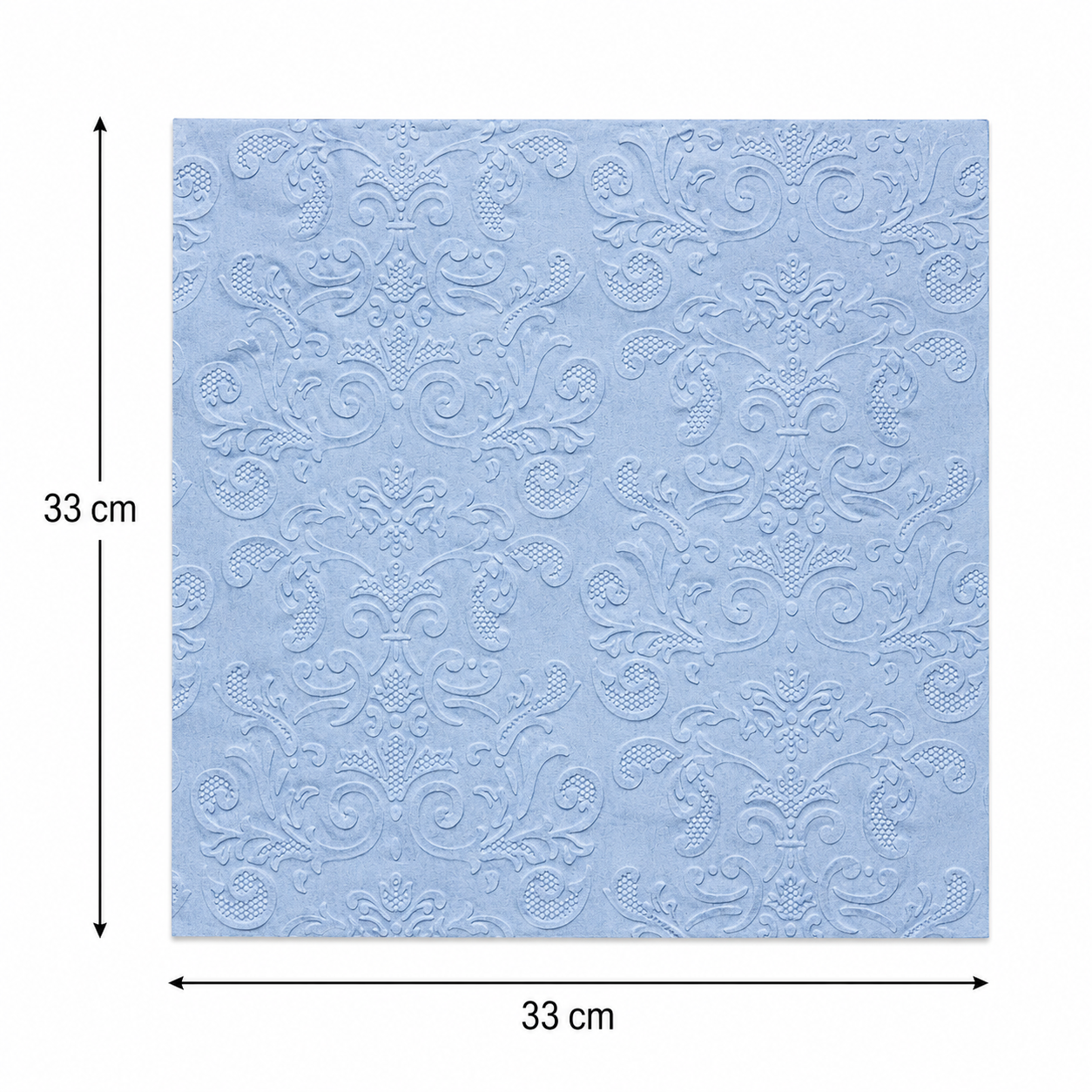 Flat lay of a folded embossed damask paper napkin showing full raised pattern and dimensions, 33cm x 33cm, in dusty blue