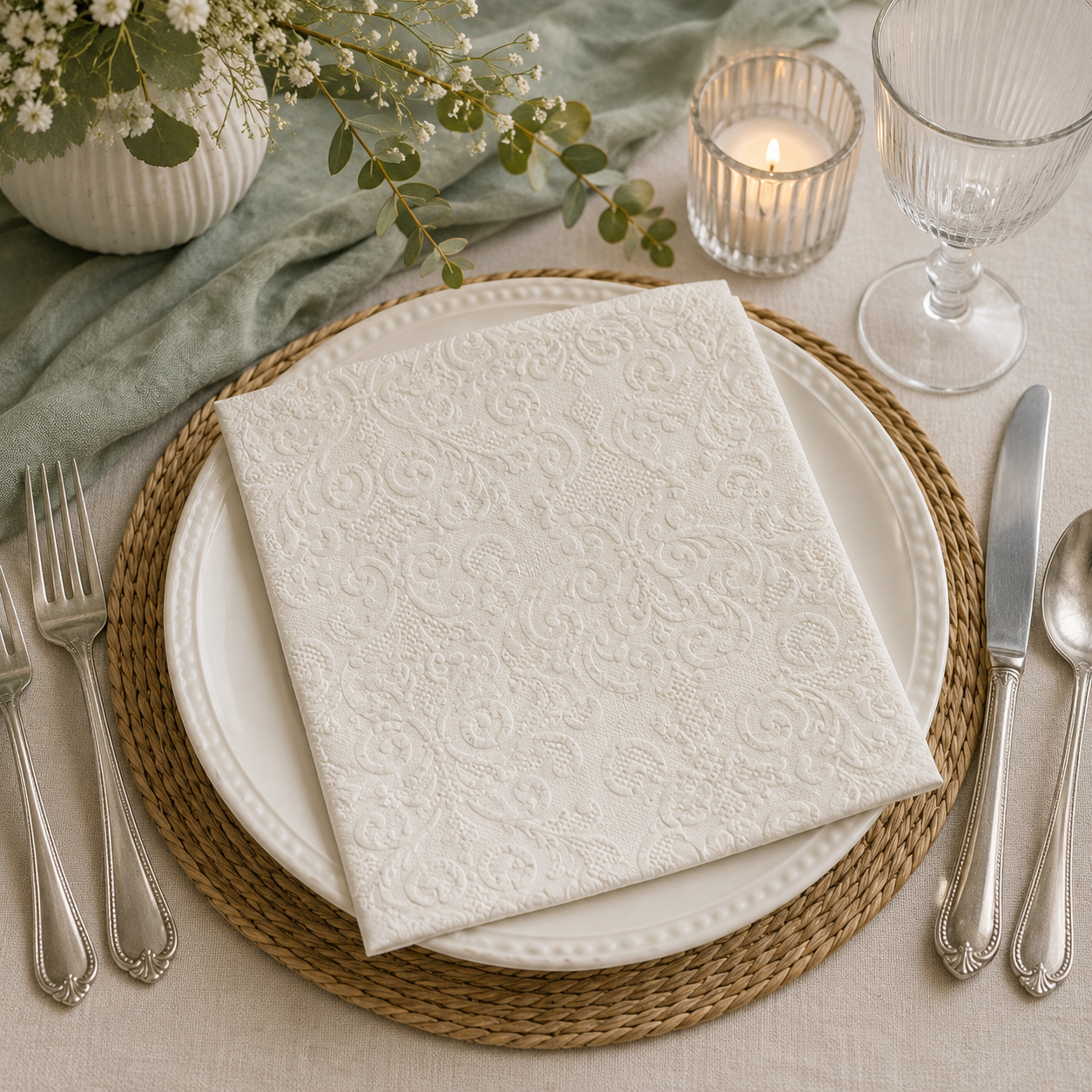 Embossed ivory damask paper napkin folded on a white plate with a lit candle, wine glass and eucalyptus styling on an elegant table setting