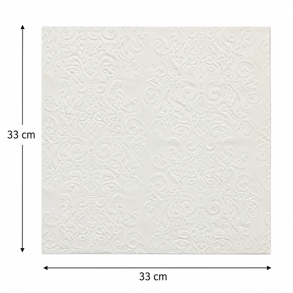 Flat lay of a folded embossed damask paper napkin showing full raised pattern and dimensions, 33cm x 33cm, in ivory