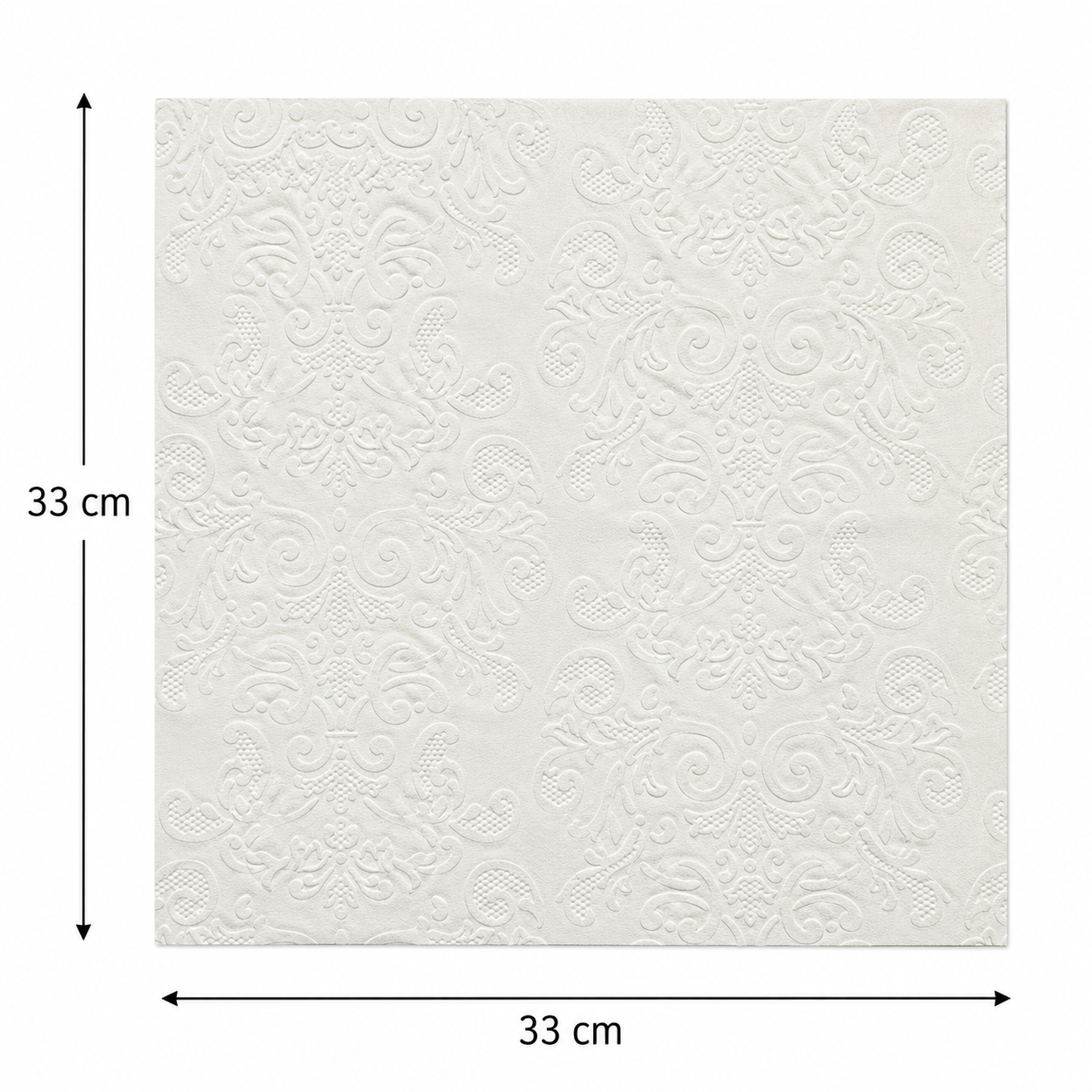 Flat lay of a folded embossed damask paper napkin showing full raised pattern and dimensions, 33cm x 33cm, in ivory