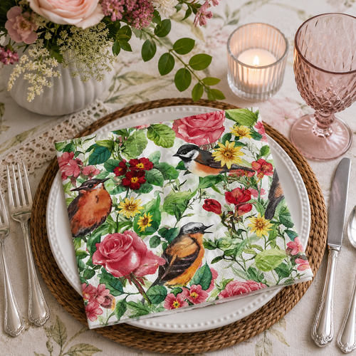 Botanical songbird paper napkin folded on a white plate with pink roses, a lit candle and a pink glass on a garden-style table setting