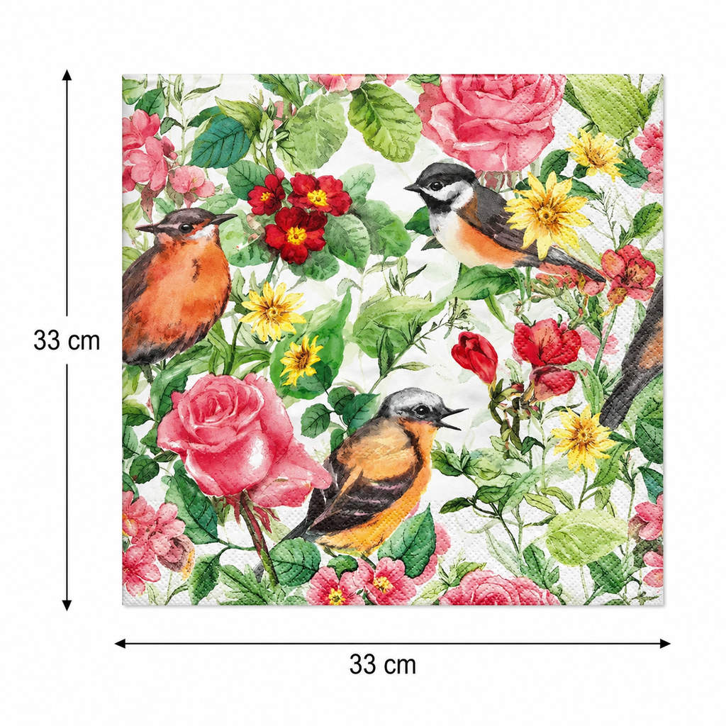 Flat lay of a folded botanical songbird paper napkin showing full floral and bird design and dimensions, 33cm x 33cm