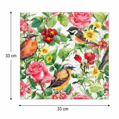 Flat lay of a folded botanical songbird paper napkin showing full floral and bird design and dimensions, 33cm x 33cm