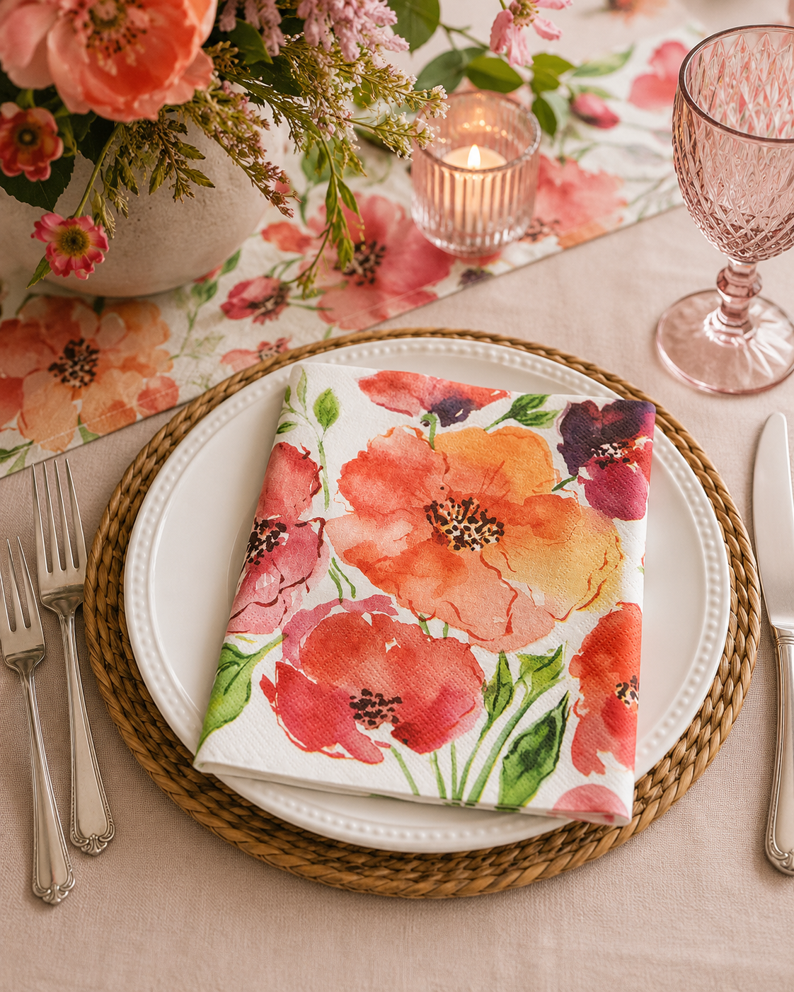 Watercolour poppy paper napkin folded on a white plate with a matching floral table runner, candle and pink glass on a warm-toned table setting