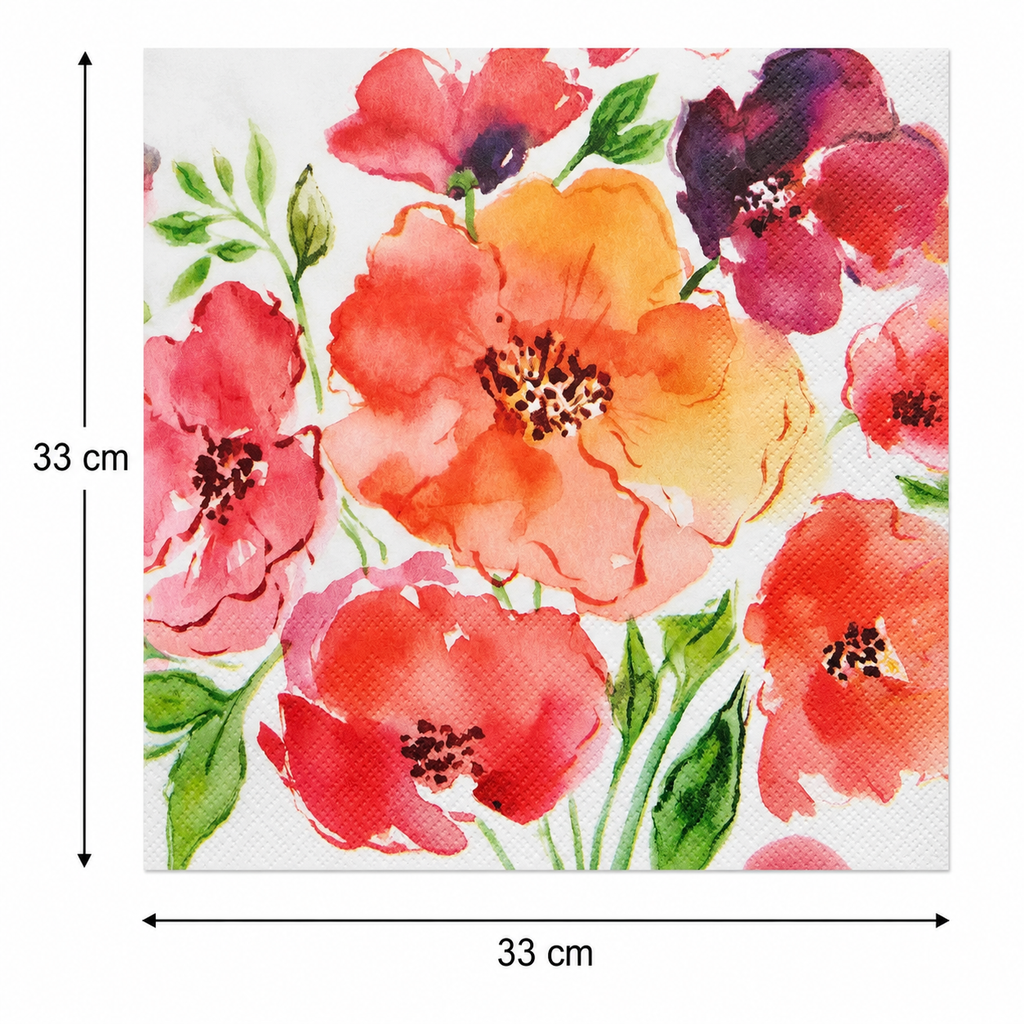 Flat lay of a folded watercolour poppy paper napkin showing full floral design and dimensions, 33cm x 33cm