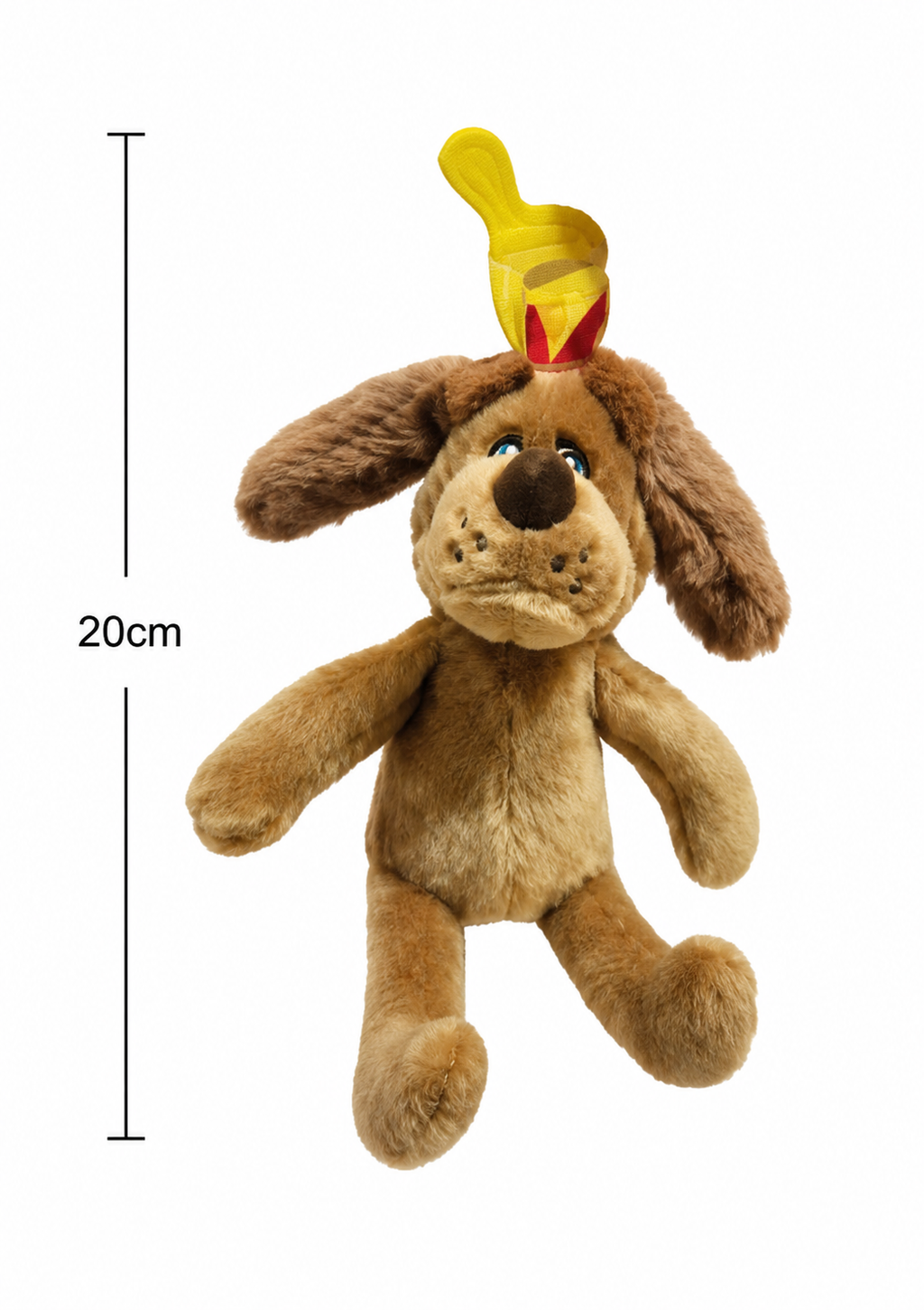 Max Chubb's plush dog on a white background with a height marker showing 20cm, full front view of the antler headpiece and embroidered face