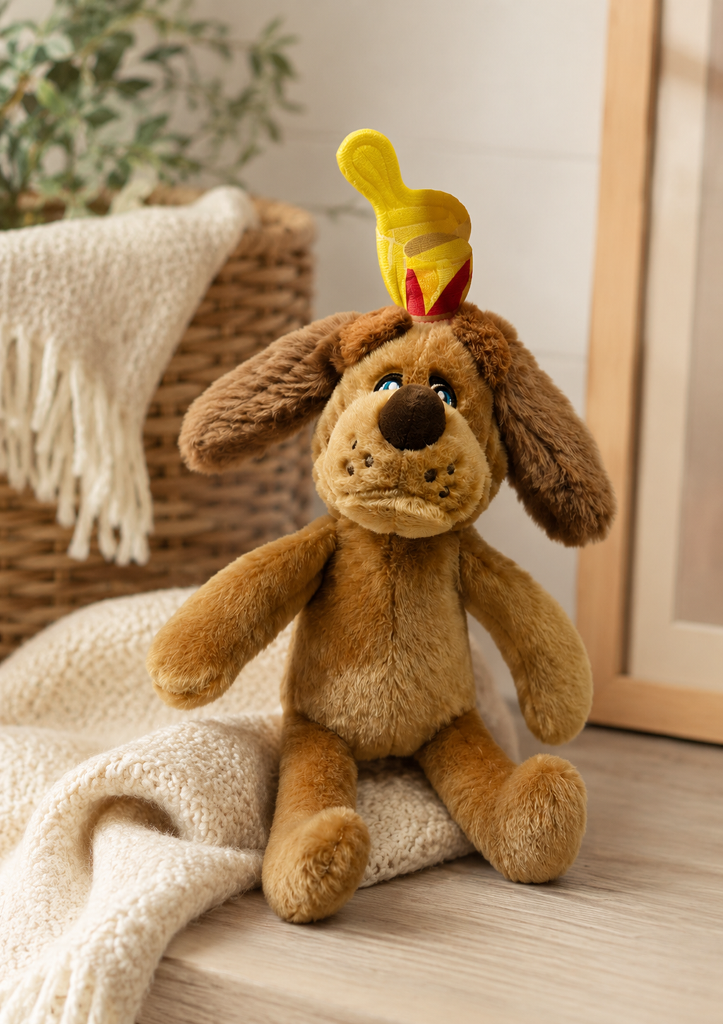 Max Chubb's plush dog seated on a cream knit blanket beside a woven basket, close-up view of his floppy ears and antler headpiece