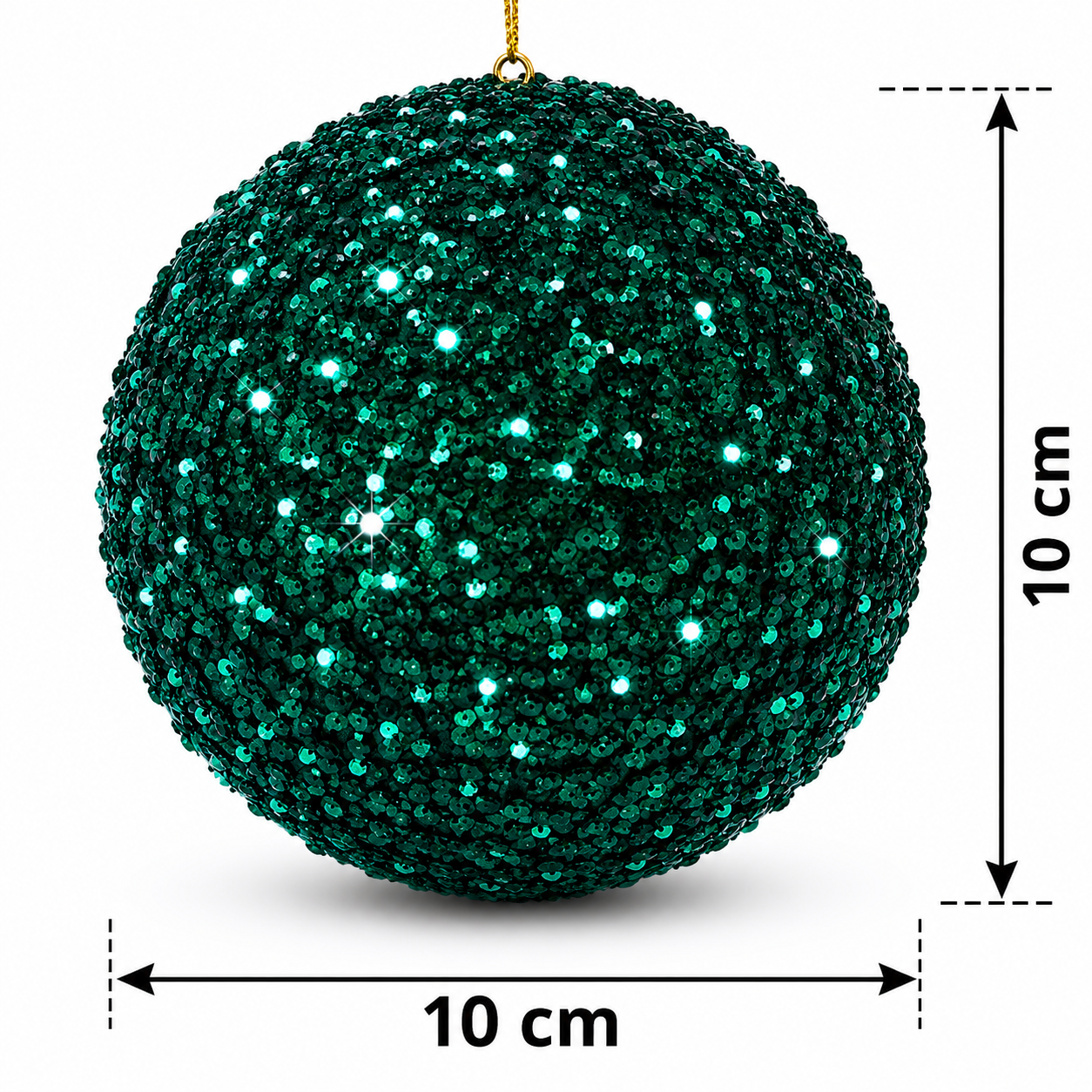 Dark green sequin bauble on a white background with dimension markers showing 10cm diameter and 10cm height, gold hanging cord visible