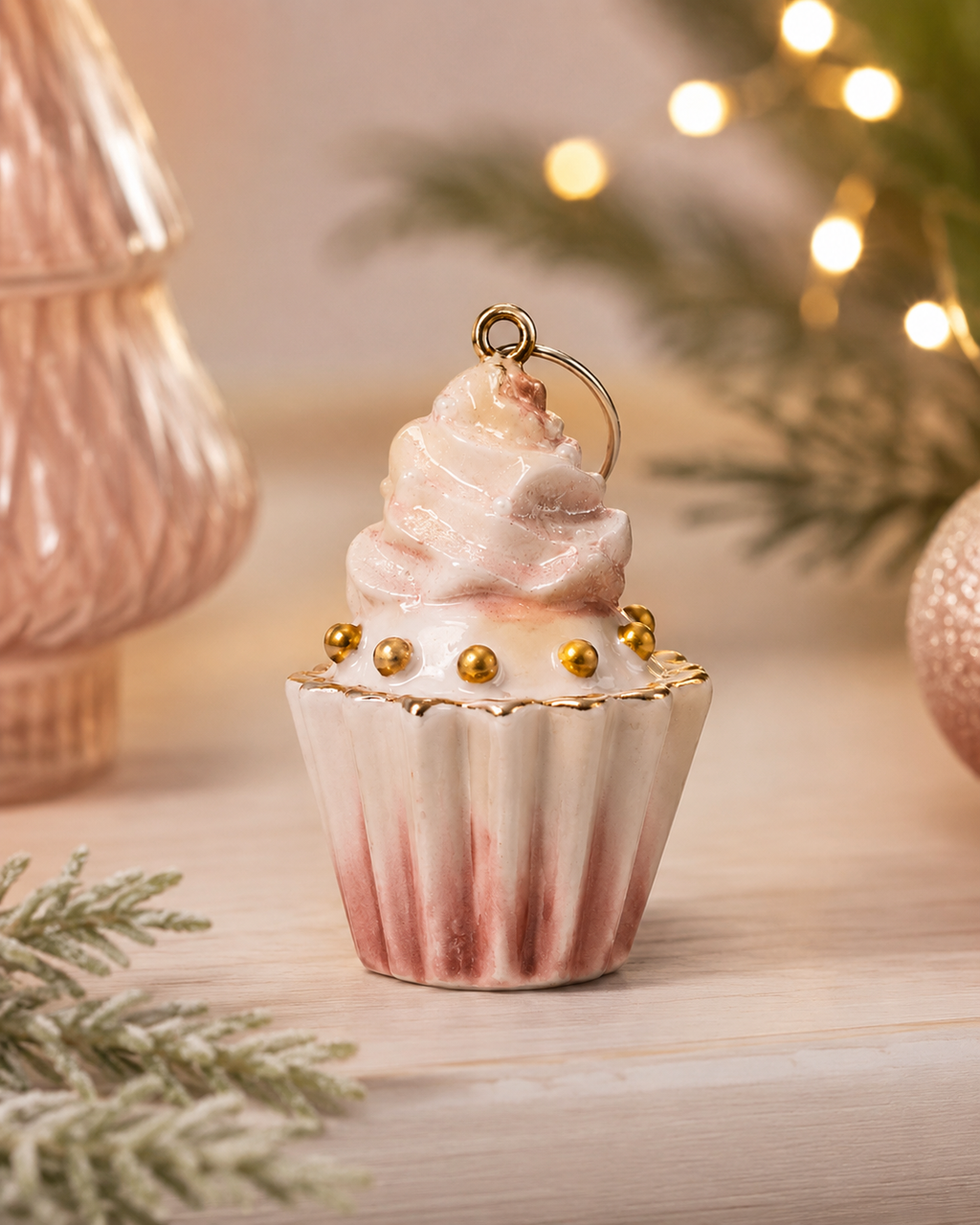 Pinecone swirl cupcake ornament displayed on a wooden surface beside a blush bottle brush tree and fairy lights