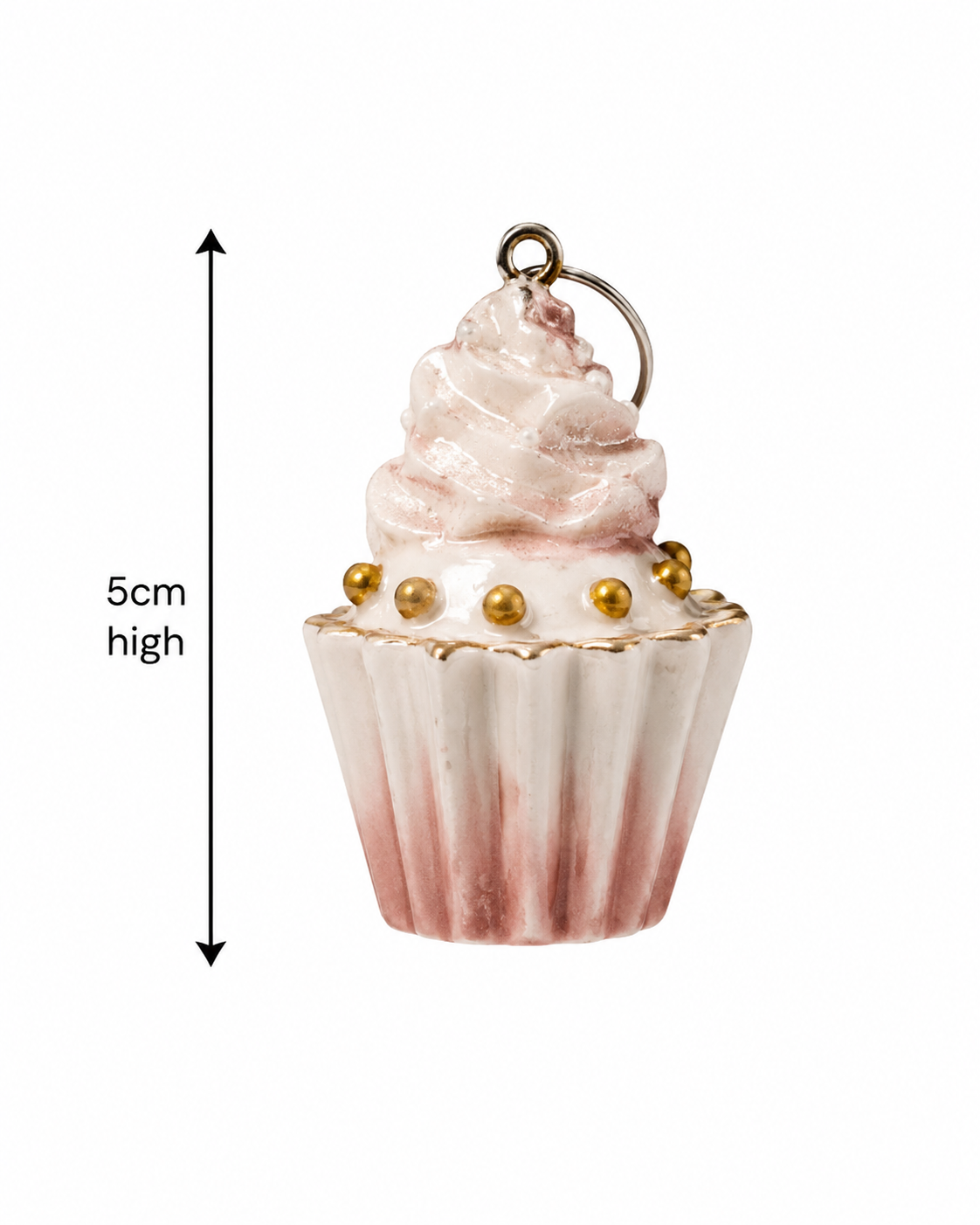 Pinecone swirl cupcake ornament on a white background with a measurement arrow showing 5cm high
