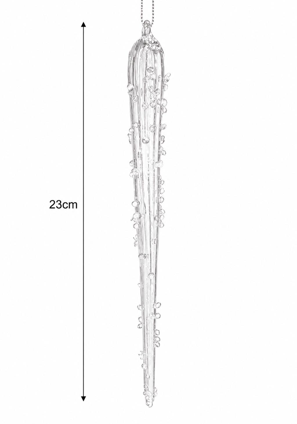 Encrusted glass icicle ornament on a white background with a measurement arrow showing 23cm high