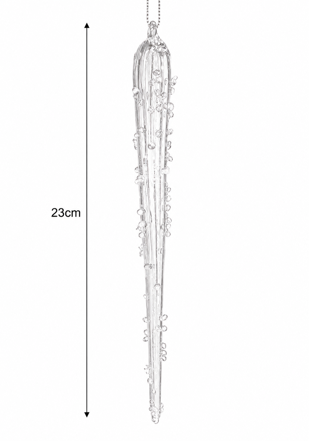 Encrusted glass icicle ornament on a white background with a measurement arrow showing 23cm high